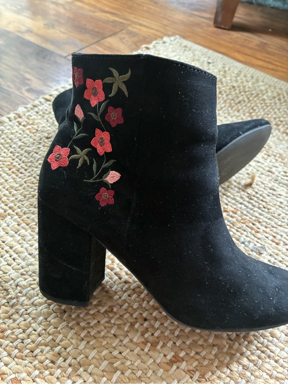 Black Suede Ankle Booties with Red Floral Embroidery